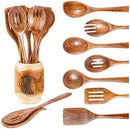 Gudamaye 13 inch Long Wooden Spoons for Cooking,Wooden Utensils for Cooking with Utensils Holder,9 PCES Wooden Kitchen Utensils Set with Utensils Holder and Spoon Rest,Natural Teak Wooden Spoons Set by CozyNest Decor