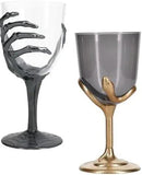 Halloween Gothic Wine Glass Set, Gray Skeleton Hand Stem and Gray Snake Gold Base, Spooky Party Glassware, Clear Cup with Dark Accent by CozyNest Decor