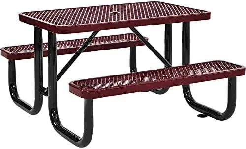 Global Industrial 4 ft. Expanded Metal Rectangular Outdoor Steel Picnic Table, Red, photo 8 of 11