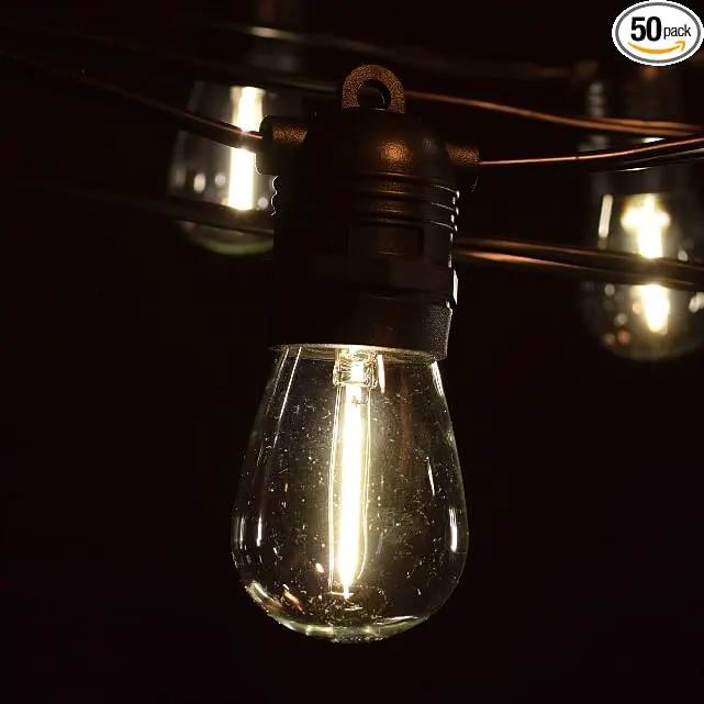 Hometown Evolution, Inc. 100' E26 Commercial LED Outdoor String Lights (100 Foot 50 Socket, S14 LED Filament 1 Watt Light Bulbs)