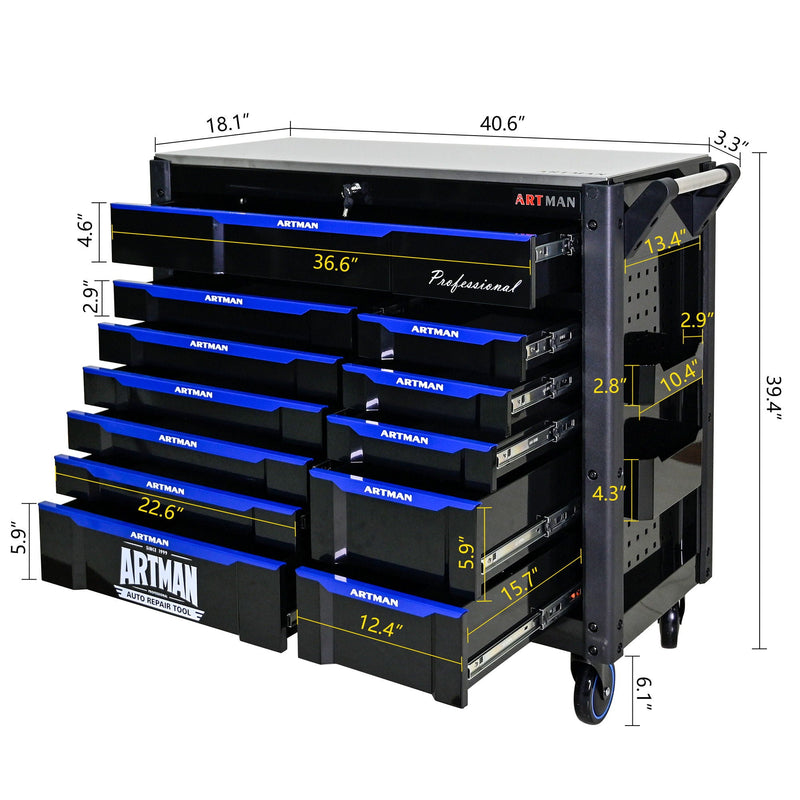 12 Layer Drawer Multi Purpose Tool Cart With Wheels And Iron Top - Black / Blue, photo 3 of 11