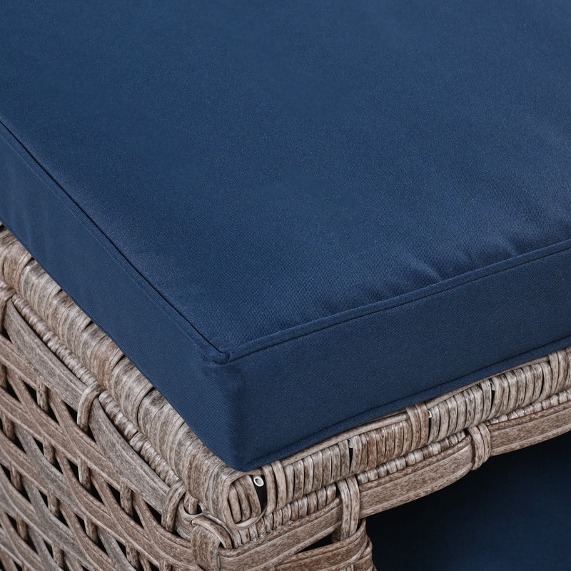 5 Pieces Outdoor Patio Furniture Set with Pet House Cool Bar and Retractable Side Tray, Rattan Wicker Patio Swivel Rocking Chairs Set of 2 with Ottomans for Backyard, Porch, Balcony, Navy Blue