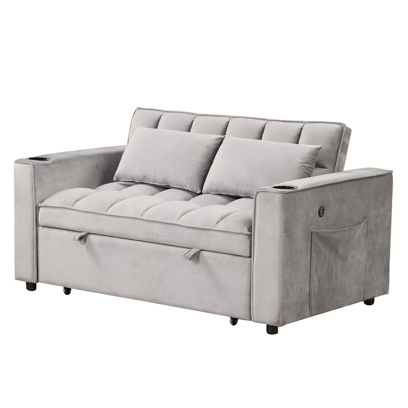 55.3" 4-1 Multi-functional Sofa Bed with Cup Holder and USB Port for Living Room or Apartments, Gray