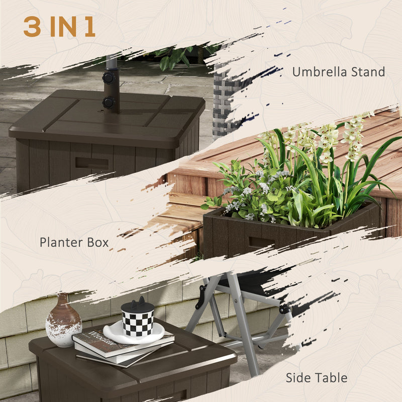 3-in-1 Outdoor Umbrella Base, Coffee End Table, Flower Box Planter with Drain Hole, 175 lbs. Capacity Fillable Patio Umbrella Stand Table with Wheels and Handles, Brown