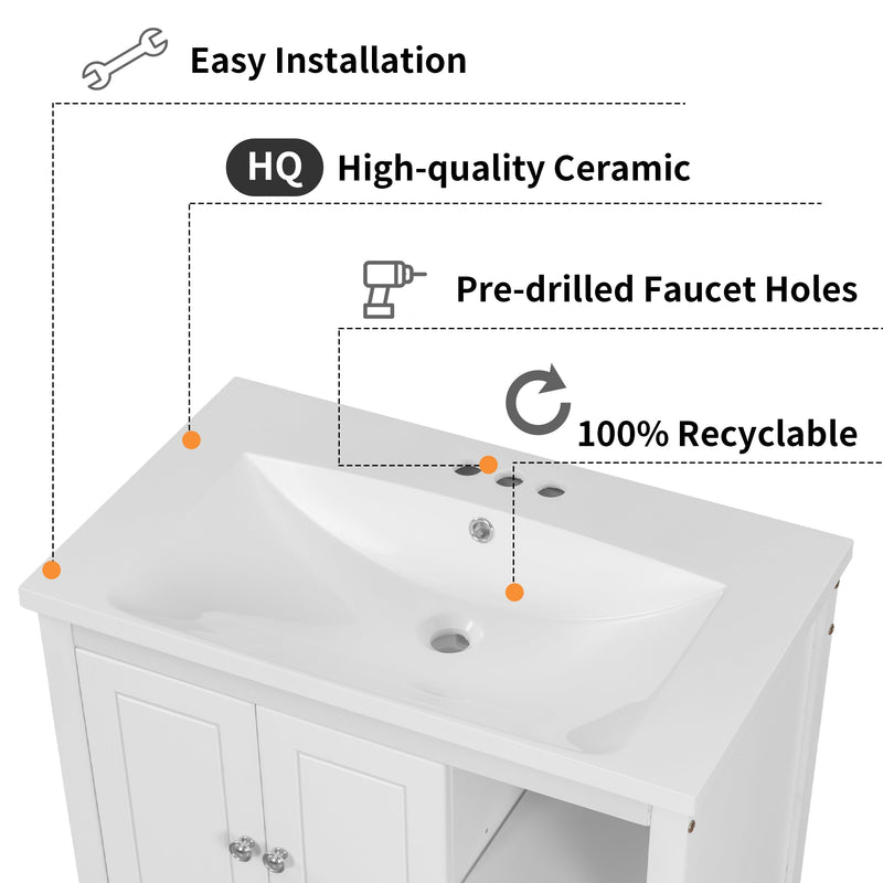30" Bathroom Vanity with Sink, Bathroom Storage Cabinet with Doors and Drawers, Solid Wood Frame, Ceramic Sink, White