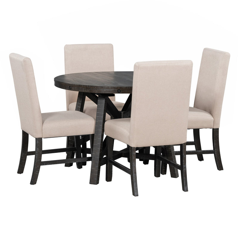 5-Piece Retro Functional Dining Set with Extendable Round Table with Removable Middle Leaf and 4 Upholstered Chairs for Dining Room and Living Room (Black)
