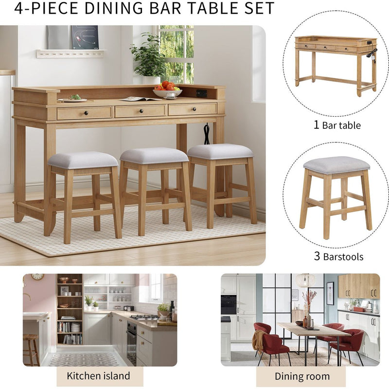 TREXM 4-Piece Dining Table Set for 3, Retro Kitchen Table and Chairs Set with 3 Storage Drawers, Ideal for Small Spaces (Natural)