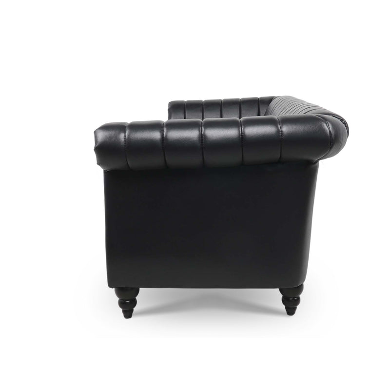 83.46" Black PU Rolled Arm Chesterfield Three Seater Sofa.