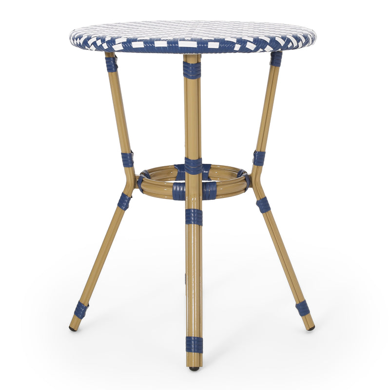 Walker Edison - Outdoor Aluminum 3 Piece French Bistro Set, Navy Blue, White, with Bamboo Finish