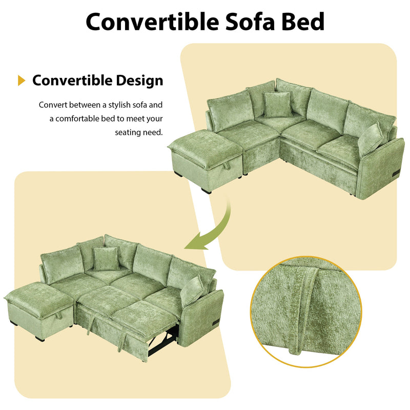 82.67"Convertible Sofa Bed Sectional Sofa Sleeper L-shaped Sofa with a Storage Ottoman,Two Pillows, Two Power Sockets and Two USB Ports for Living Room, Green