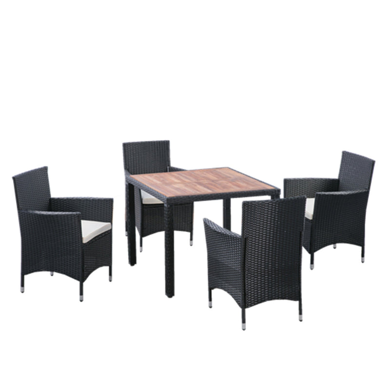 Walker Edison | 5 piece Outdoor Patio Wicker Dining Set Patio Wicker Furniture Dining Set w/Acacia Wood Top Black Wicker + Creme Cushion