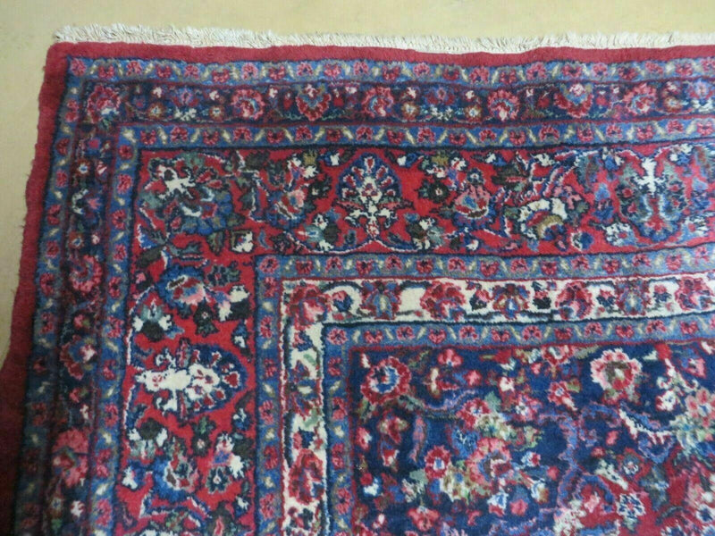 9x12 Persian Sarouk Rug - Semi Open Field Medallion Rug - Ivory Red Blue Hand Knotted Wool Oriental Carpet 9 x 12 Antique Rug - Vegetable Dyes