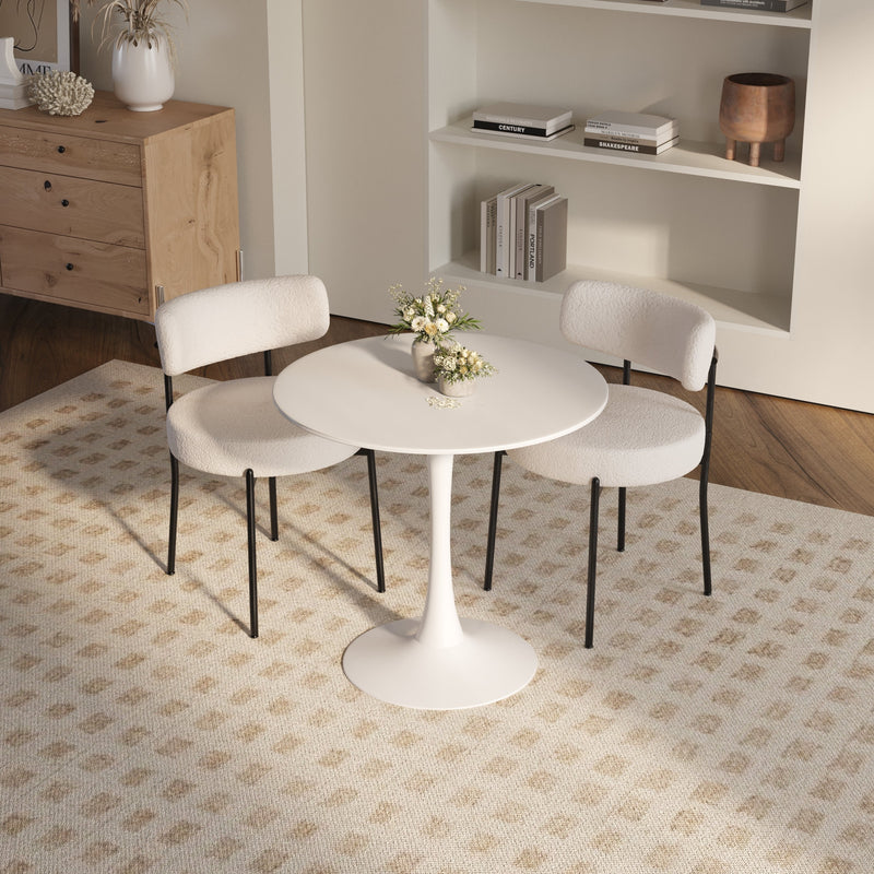 31.5" round dining table set for 2 and 2 pieces Upholstered Chairs for Four Person, MDF Table-top, Off White Faux Fur with White table Leg for Kitchen, Reception Room