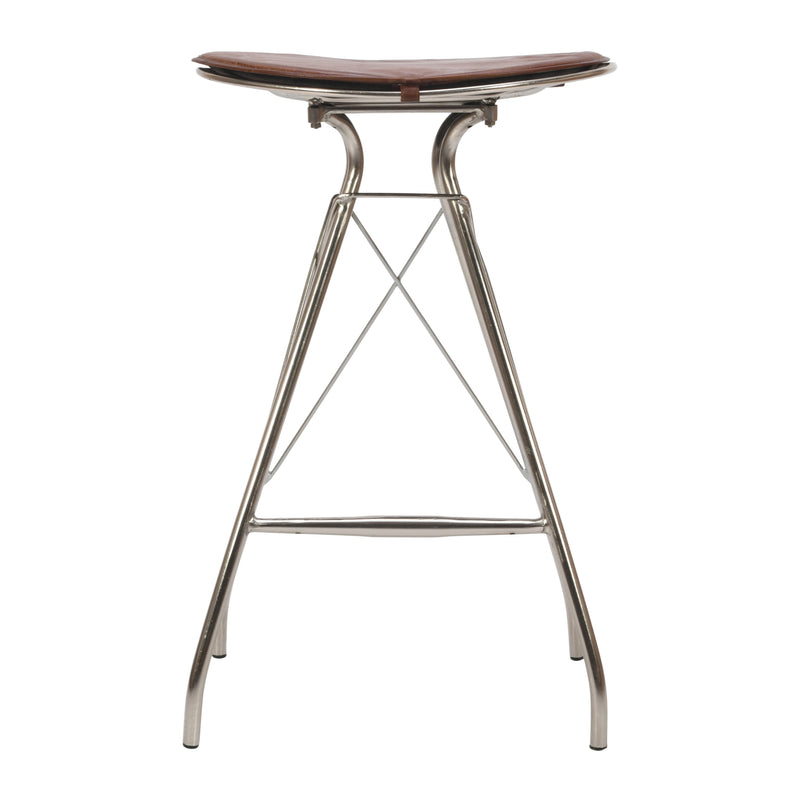 30 Inch Metal Frame Bar Stool, Round Genuine Leather Seat, Dark Brown, Silver