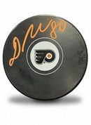 Dan Vladar Philadelphia Flyers Autographed Logo Hockey Puck - Orange Signature by Dynasty Sports & Framing