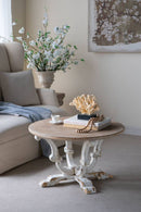 Round Wooden Coffee Table With Distressed Scrollwork Legs - Multicolor by HouseOfZazla