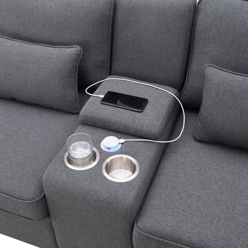 Walker Edison | Modern Linen 114" Sofa with Console and USB