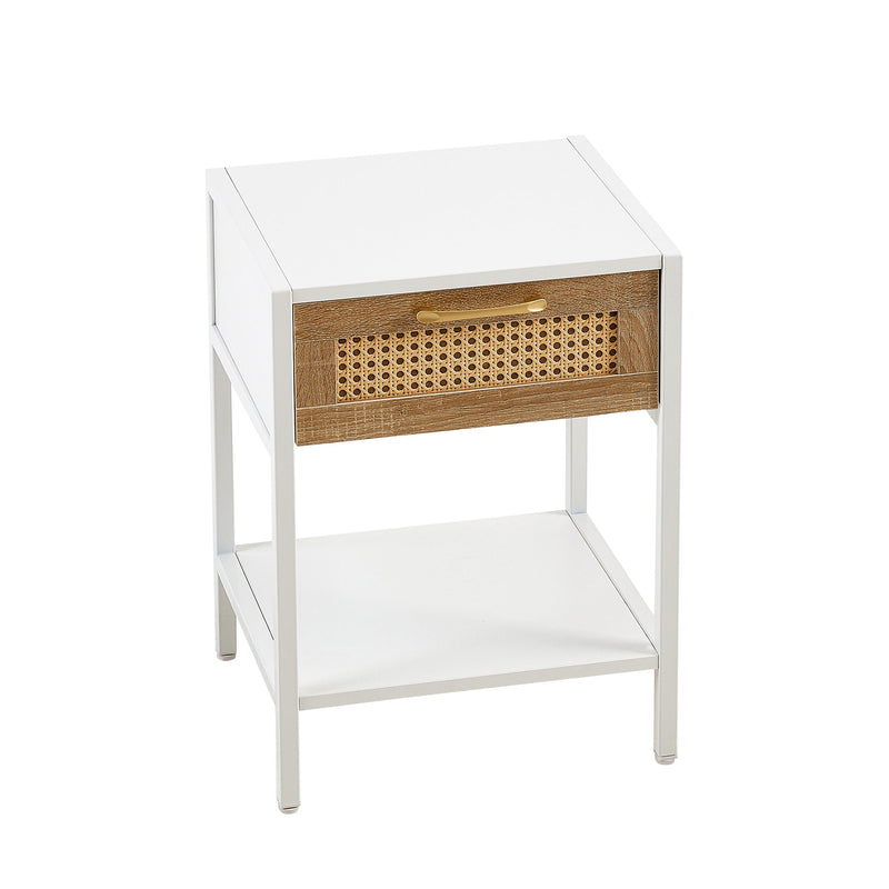 15.74" Rattan End table with drawer, Modern nightstand, metal legs,side table for living room, bedroom,white(1 pc)