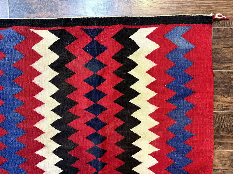 Antique Navajo Rug 3.7 x 2.8, Red Ivory Blue, Zig Zag Pattern, Handmade, Wool