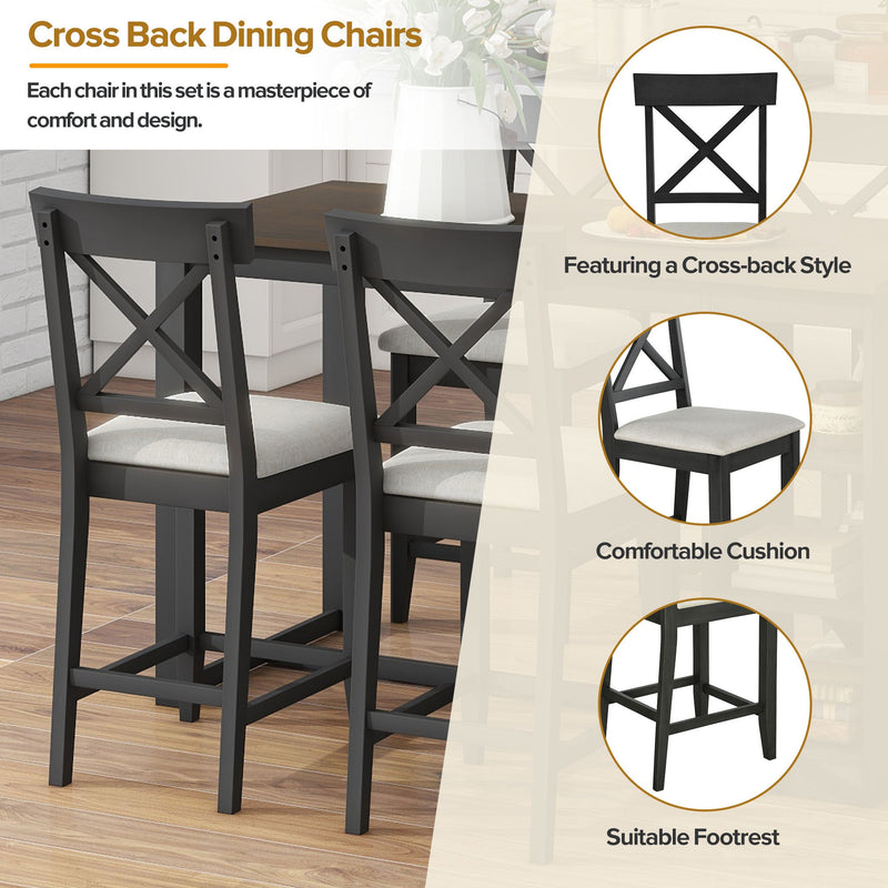 60"Lx30"W Solid Wood Farmhouse Counter Height Dining Table Set with 3-Tier Storage Shelves, Upholstered Dining Chairs for 4, 5-Piece, Gray