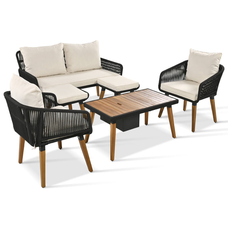 6-Piece Rope Patio Furniture Set, Outdoor Furniture with Acacia Wood Cool Bar Table with Ice Bucket, Deep Seat Patio Conversation Set with Two Stools for Backyard Porch Balcony (Black & Beige)