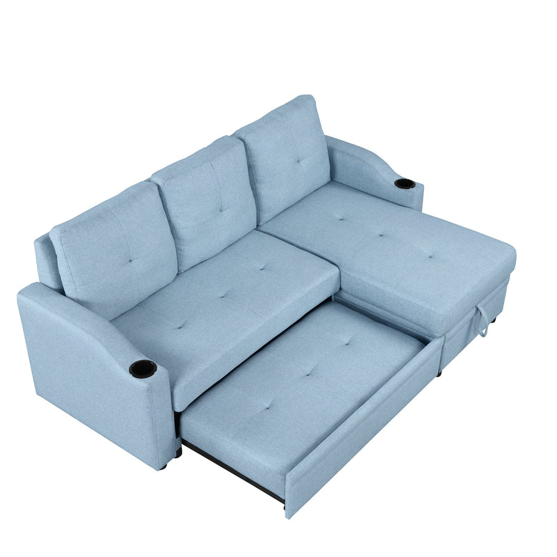 80.3" Pull Out Sofa Bed Modern Padded Upholstered Sofa Bed, Linen Fabric 3 Seater Couch with Storage Chaise and Cup Holder, Small Couch for Small Spaces