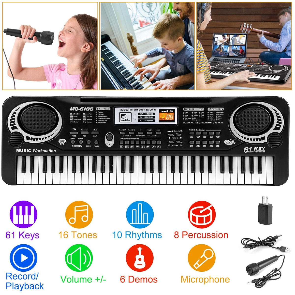 61 Keys Digital Music Electronic Keyboard Electric Piano Musical Instrument Kids Learning Keyboard w/ Microphone For Beginners Kids Girls Boys Adults, photo 7 of 12