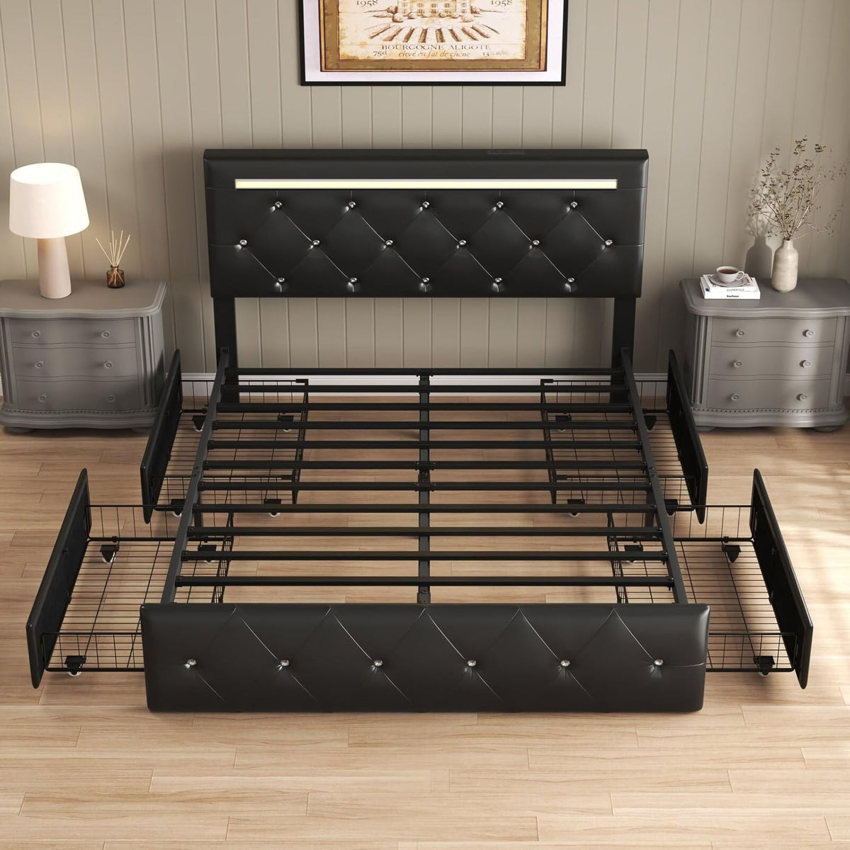 Upholstered Bed Frame With LED Lights, 4 Storage Drawers, Charging Station, photo 10 of 31
