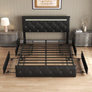Upholstered Bed Frame With LED Lights, 4 Storage Drawers, Charging Station