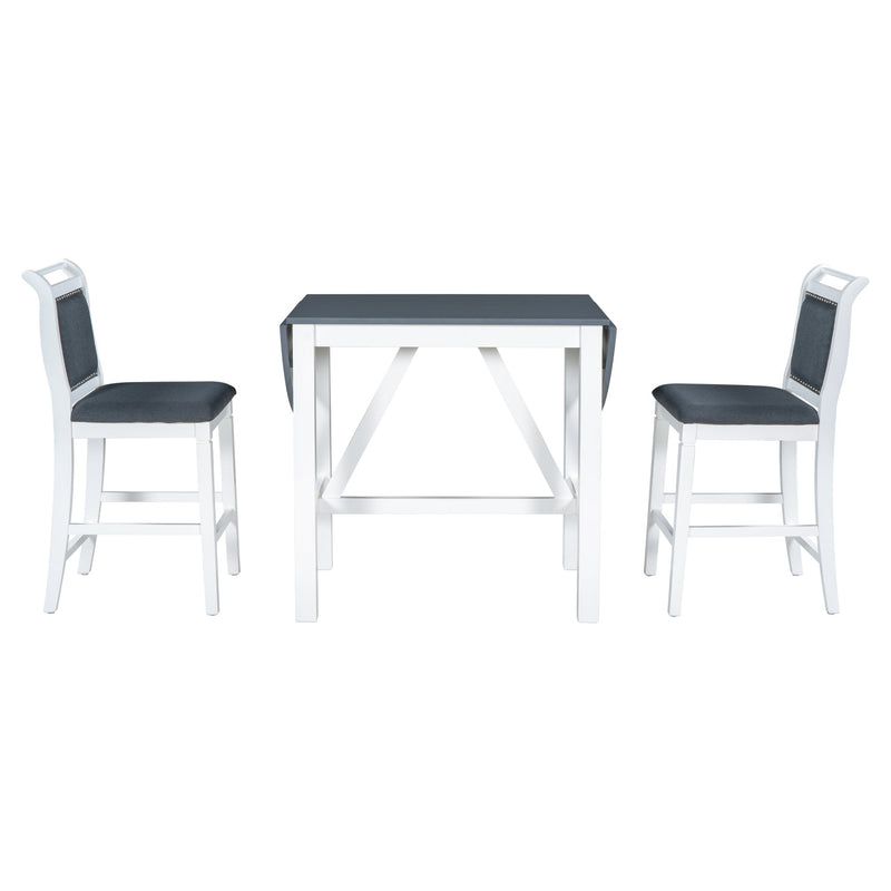 3-Piece Wood Counter Height Drop Leaf Dining Table Set with 2 Upholstered Dining Chairs for Small Place, White+Gray
