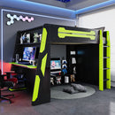 Full Size Wood Loft Bed with Desk, Multi-storage Shelves and RGB Light
