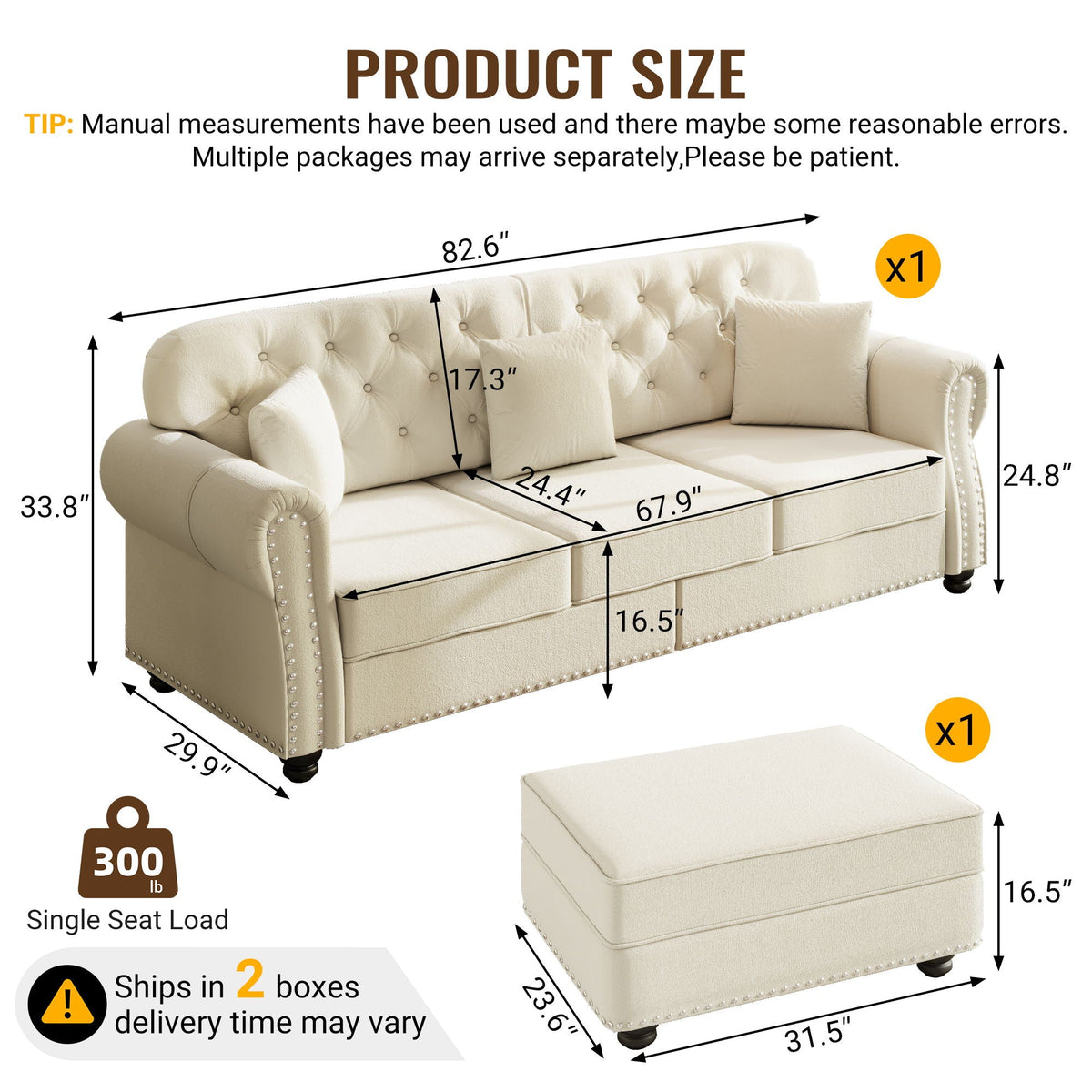 Upholstered 3 Seater Sofa Set With Ottoman, photo 13 of 39