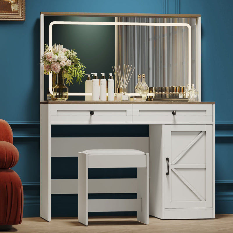 Walker Edison | Farmhouse Makeup Vanity Table Desk with Stool