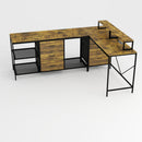 Industrial L Shaped Computer Desk With Power Outlets & USB-C, 6 Fabric Drawers, 3 Open Shelves, Movable Monitor Stands - Brown by HouseOfZazla
