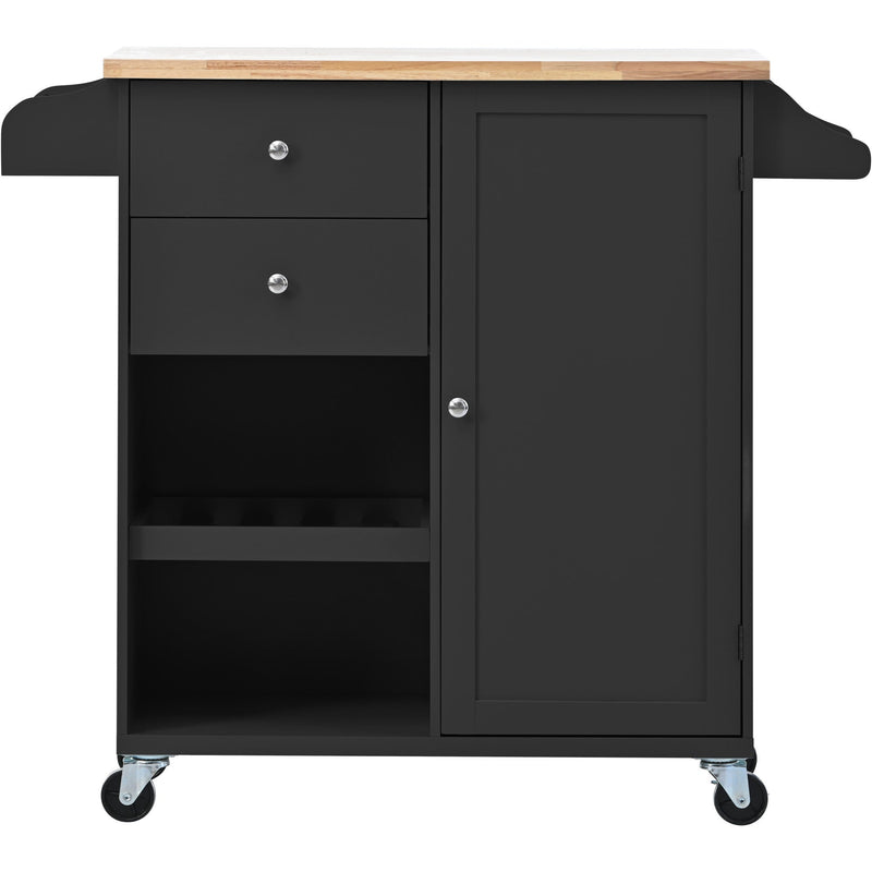 Kitchen Cart with Spice Rack, Towel Rack & Two Drawers, Rubber wood top, Kitchen Island with 4 Wheels for Dining Rooms Kitchens Living Rooms, Black