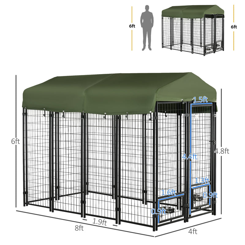 8' x 4' x 6' Dog Kennel Outdoor with Rotating Bowl Holders, Walk-in Pet Playpen, Welded Wire Steel Dog Fence with Water-and UV-Resistant Canopy, Green
