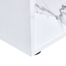 A simple dining table. A dining table with a white marble pattern. 4 PU synthetic leather high backrest cushioned side chairs with C-shaped silver metal legs. DT-SQ-16090-wh