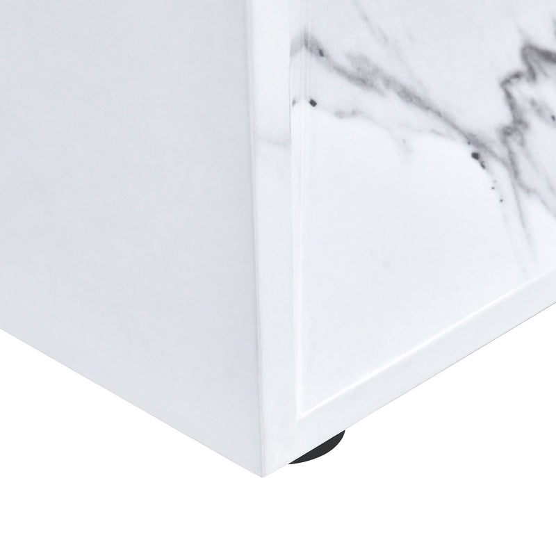 A simple dining table. A dining table with a white marble pattern. 4 PU synthetic leather high backrest cushioned side chairs with C-shaped silver metal legs. DT-SQ-16090-wh