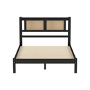3-Pieces Bedroom Sets Full Size Wooden Platform Bed with Natural Rattan Headboard, Nightstands Set of 2 with Rattan-Woven Surfaces and Three Drawers for Bedroom, Black
