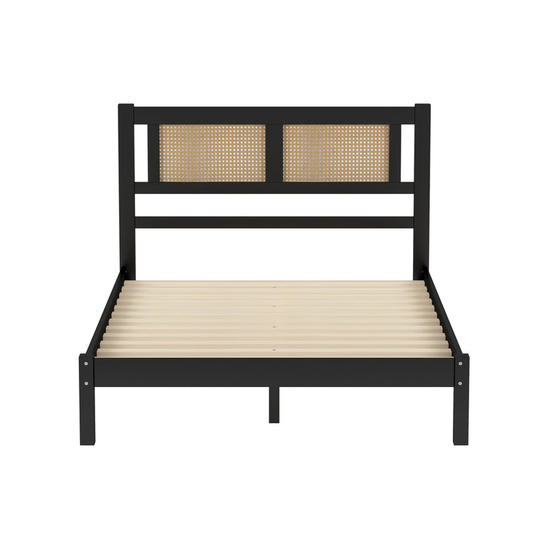 3-Pieces Bedroom Sets Full Size Wooden Platform Bed with Natural Rattan Headboard, Nightstands Set of 2 with Rattan-Woven Surfaces and Three Drawers for Bedroom, Black