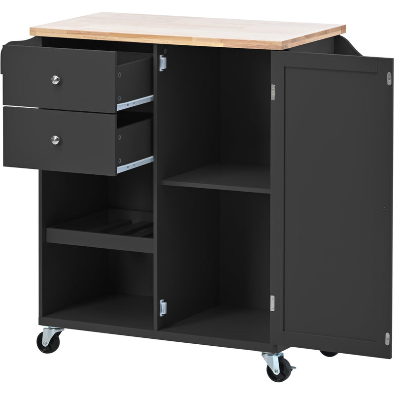 Kitchen Cart with Spice Rack, Towel Rack & Two Drawers, Rubber wood top, Kitchen Island with 4 Wheels for Dining Rooms Kitchens Living Rooms, Black