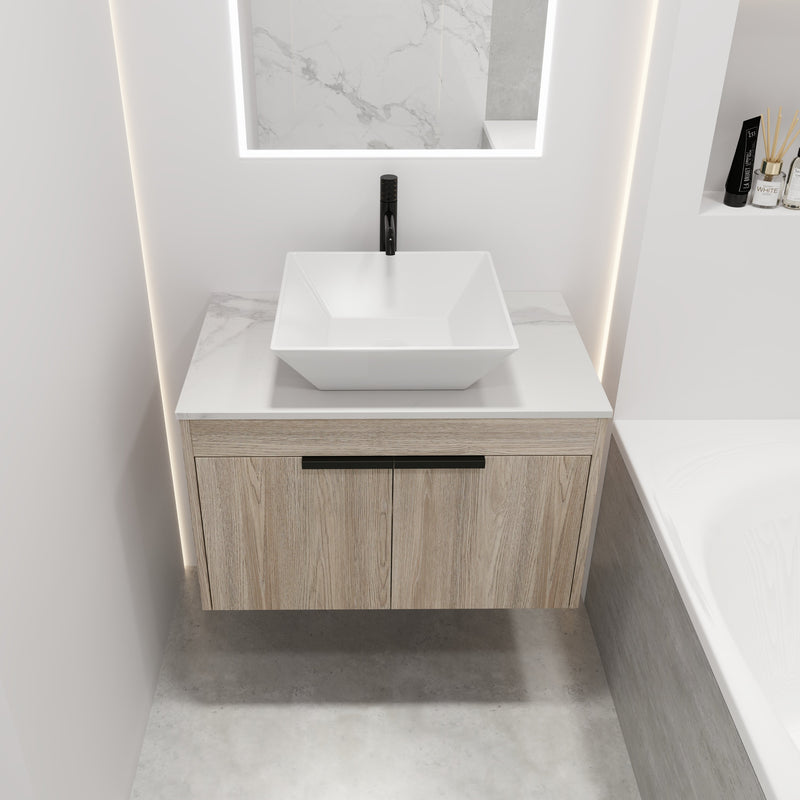 30" Modern Design Float Bathroom Vanity With Ceramic Basin Set, Wall Mounted White Oak Vanity With Soft Close Door, KD-PackingD-Packing Pieces