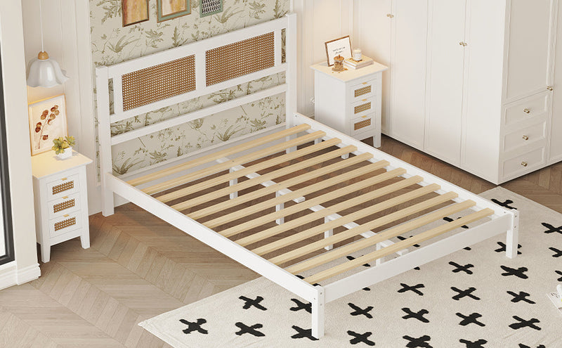 3-Pieces Bedroom Sets Queen Size Wooden Platform Bed with Natural Rattan Headboard, Nightstands Set of 2 with Rattan-Woven Surfaces and Three Drawers for Bedroom, White