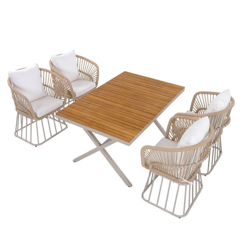 Outdoor 5-Piece Dining Set - Rectangular Teak Wood Table + 4 Wicker Chairs with Cushions, photo 6 of 10