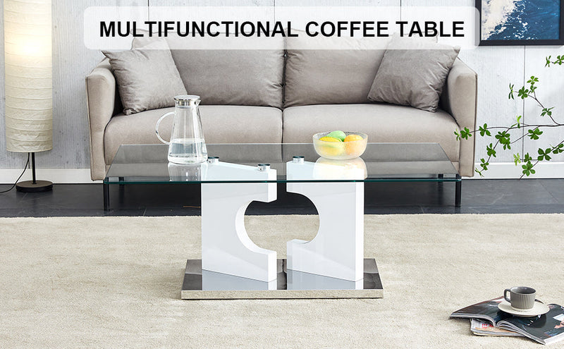 A rectangular modern and fashionable coffee table with tempered glass tabletop and white MDF legs. Suitable for living room.47.2"x25.5"x18"