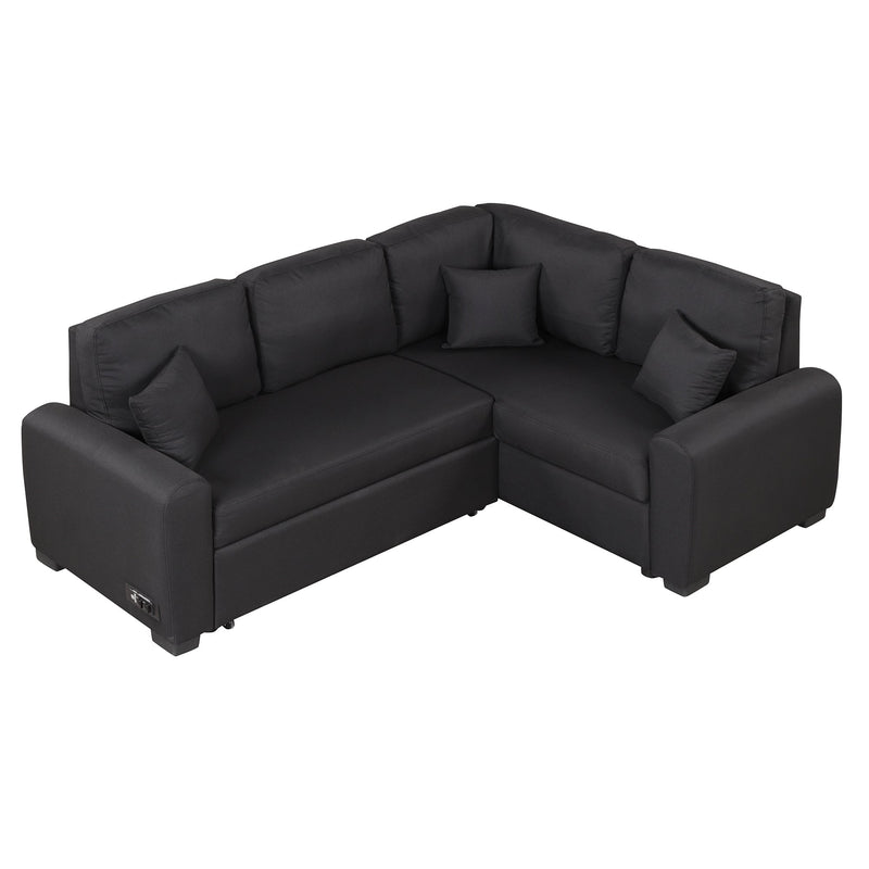 87.4"Sectional Sleeper Sofa with USB Charging Port and Plug Outlet,Pull-Out Sofa Bed with 3 Pillows, L-Shape Chaise for Living Room Small Apartment,Black