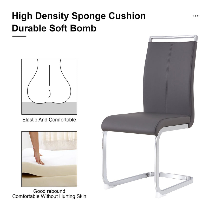 A simple dining table. A dining table with a white marble pattern. 6 PU synthetic leather high backrest cushioned side chairs with C-shaped silver metal legs. DT-SQ-16090-wh