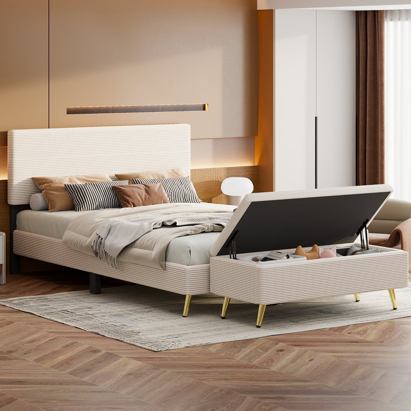 2 Pieces Bedroom Sets Queen Size Upholstered Bed Frame, Modern Corduroy Storage Ottoman,Beige