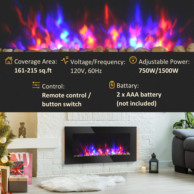 36" 1500W Electric Wall-Mounted Fireplace with Flame Effect, 7 Color Background Light and Side Light, Black