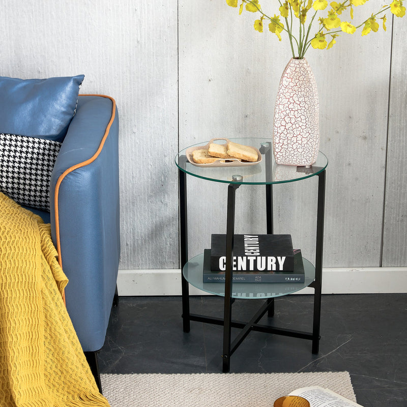 2-piece set (Clear) Tempered Glass End Table, Round Coffee Table for Bedroom Living Room Office